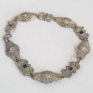 Vintage Art Deco Victorian Sterling Silver Diamond Blue Sapphire Chain Bracelet